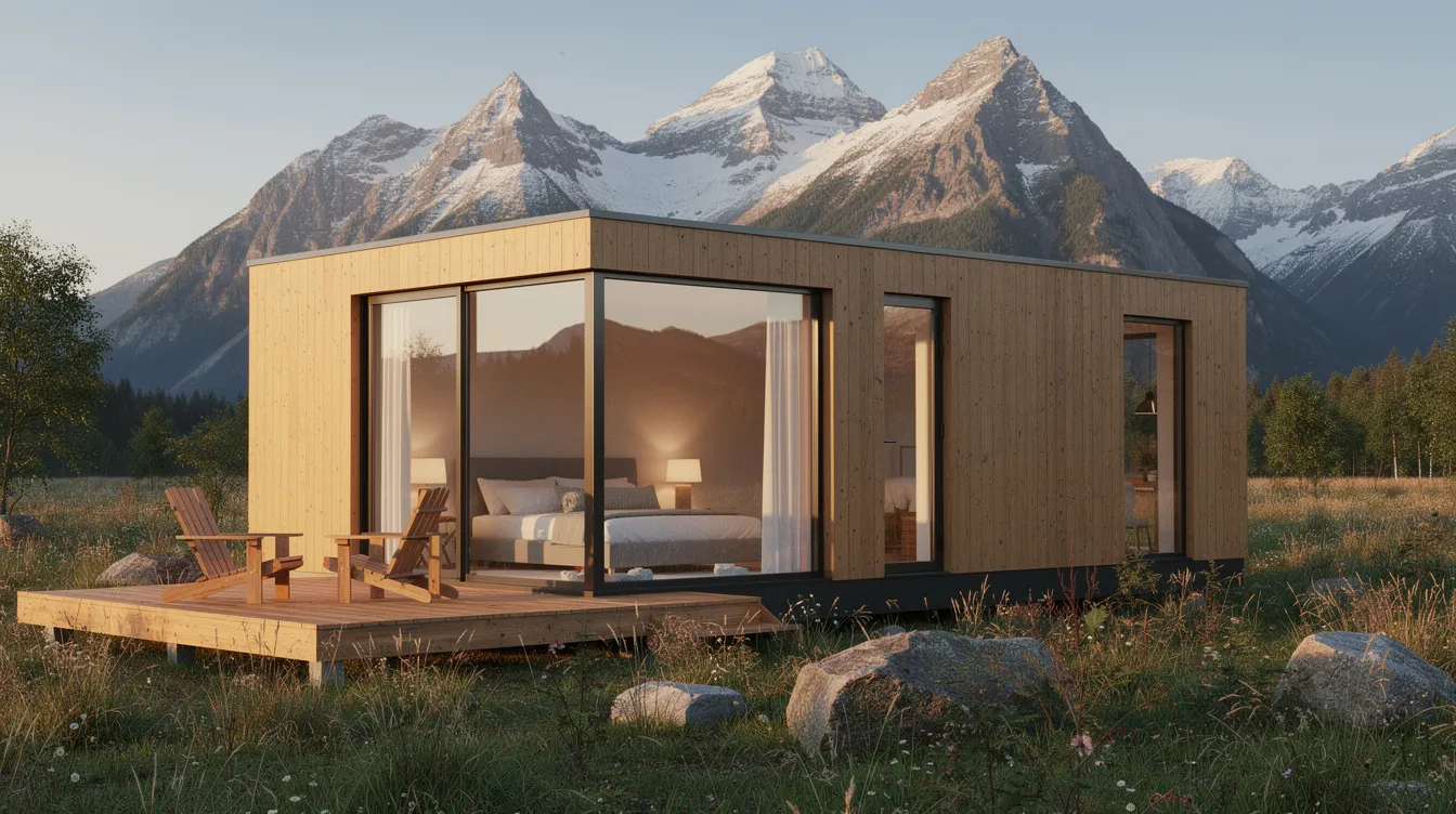 7db900ba8a4d4952ad35681d1892ce0d A modern tiny home with expansive windows and a cozy interior is set against a stunning mountain backdrop allowing for an abundance of natural light This stylish tiny house features a sleeping loft built in furniture and a breakfast nook perfectly designed for comfortable living in small spaces