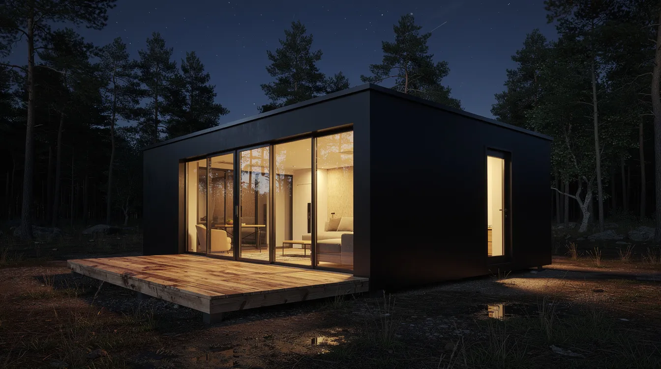 7e03c1a8c9804f6ab1bb96707ef00b2f A modern black steel tiny cabin stands at night with warm interior light glowing through large windows creating a cozy atmosphere The small wooden deck invites you to enjoy the peaceful surroundings of this incredible tiny home