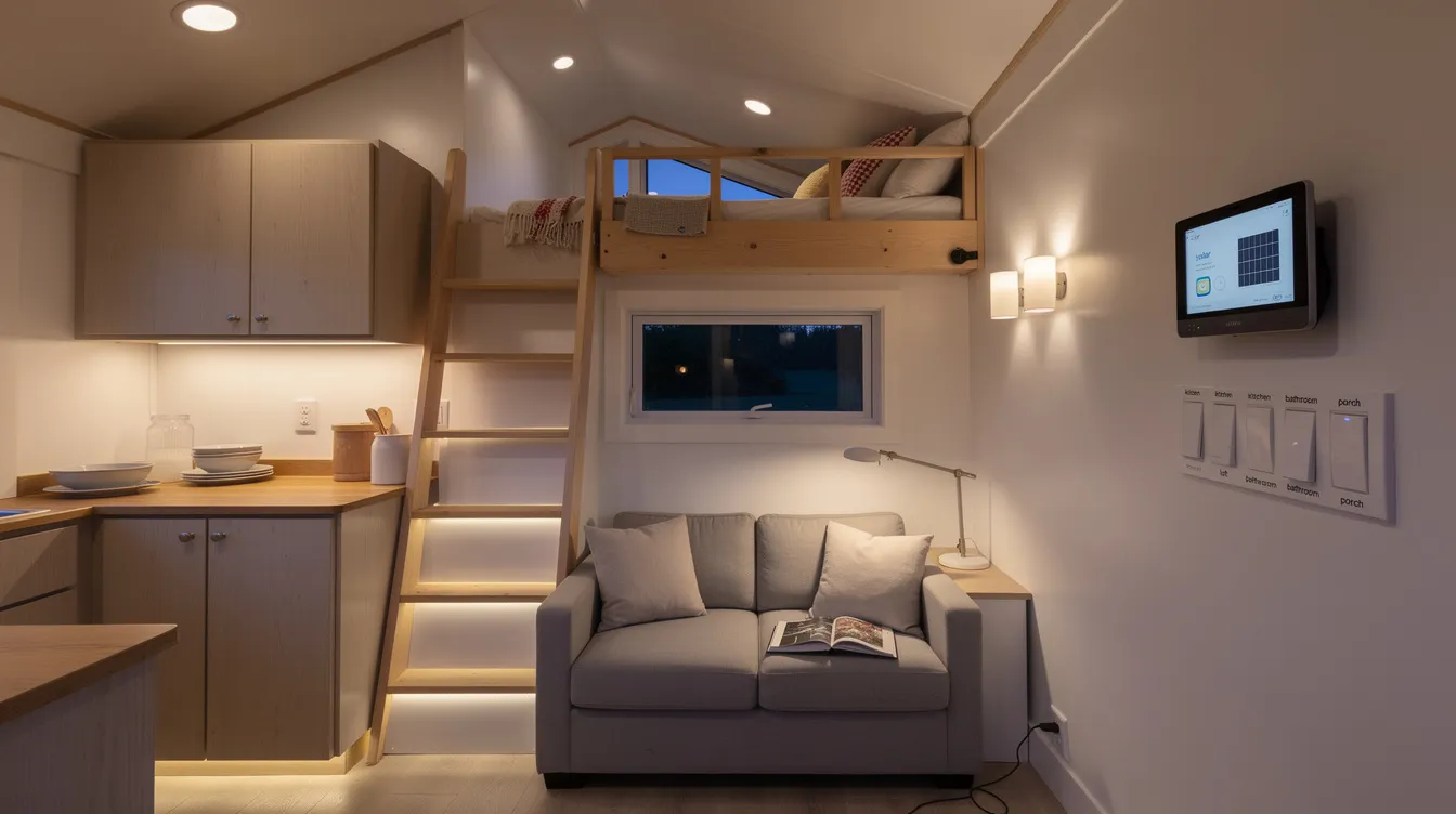 7e9039e4451b421b9624dd5ce5820c11 The image showcases a cozy tiny house interior illuminated by warm white LED lighting featuring layered lighting elements such as under cabinet strips reading lamps and wall sconces The space is designed to feel light filled and open with efficient lighting zones for different areas creating a welcoming atmosphere for tiny living