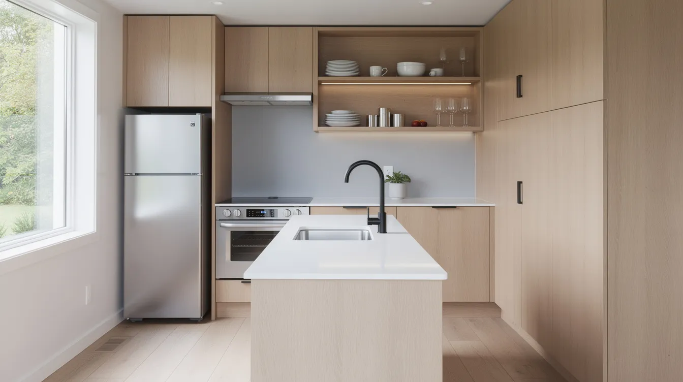 7ee33f751e9a471281148bd6c3965296 The image showcases a modern tiny house kitchen featuring sleek quartz countertops stainless steel appliances and natural wood cabinets all bathed in natural light This compact yet stylish space is designed for functionality perfect for tiny homes enthusiasts seeking a cozy and efficient living area