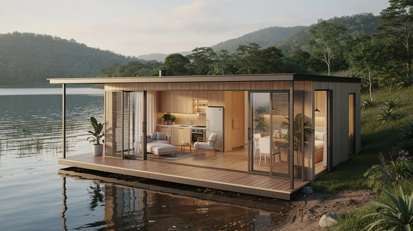 80ea613dd6724f1196eb054136bfb216 The image depicts a modern tiny house located by a serene lakeside in Rio Grande do Sul Brazil featuring an open floor plan that maximizes the stunning water views The interior boasts bright bamboo flooring and light wood materials with expandable walls that adapt the living space for seasonal needs reflecting a sustainable and flexible design