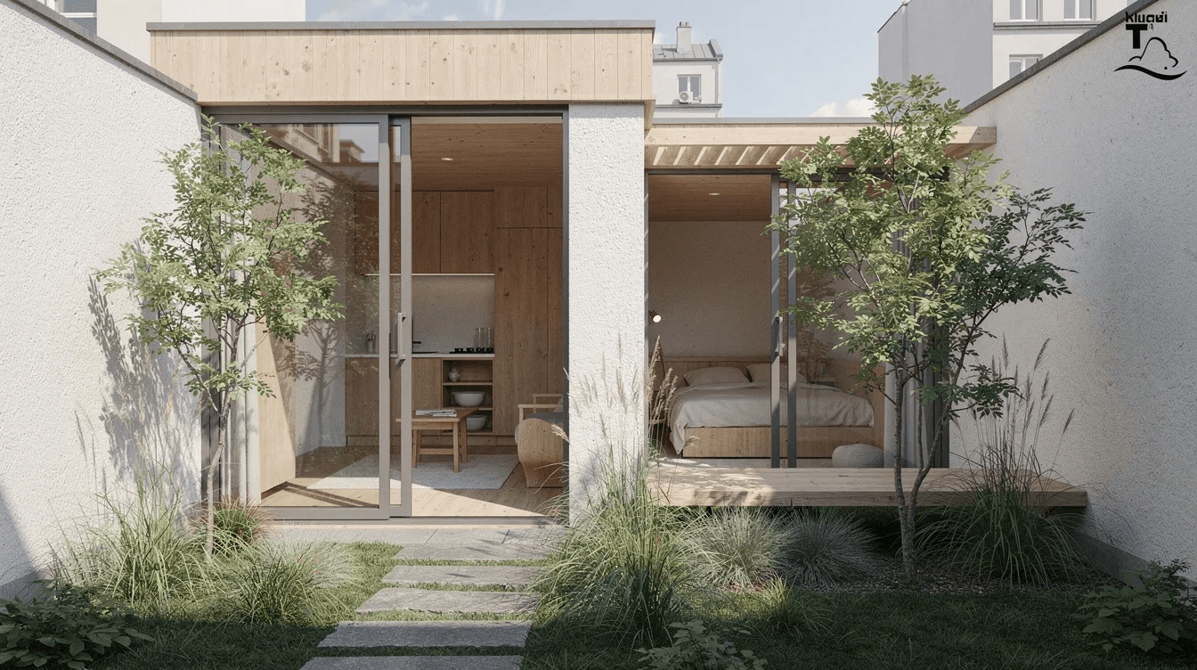 80faf59574014f4298669a53ed16f83b The image depicts a serene Japanese small house harmoniously integrated with its surroundings featuring two small courtyards that enhance the connection between indoor and outdoor spaces Natural light floods the living area showcasing simple and contemporary features that promote a tranquil living experience amidst nature