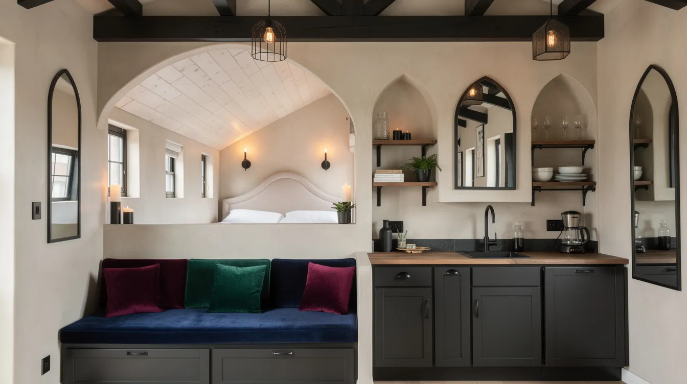 850a4a611ffb43a8bcb267e52ac23c40 The interior of this gothic tiny home beautifully blends dramatic elements with modern minimalism featuring dark stained ceiling beams against light limewash walls The living area showcases deep jewel toned textiles and a built in bench with storage while the kitchen boasts arched cabinet doors and butcher block counters creating a unique and inspiring space