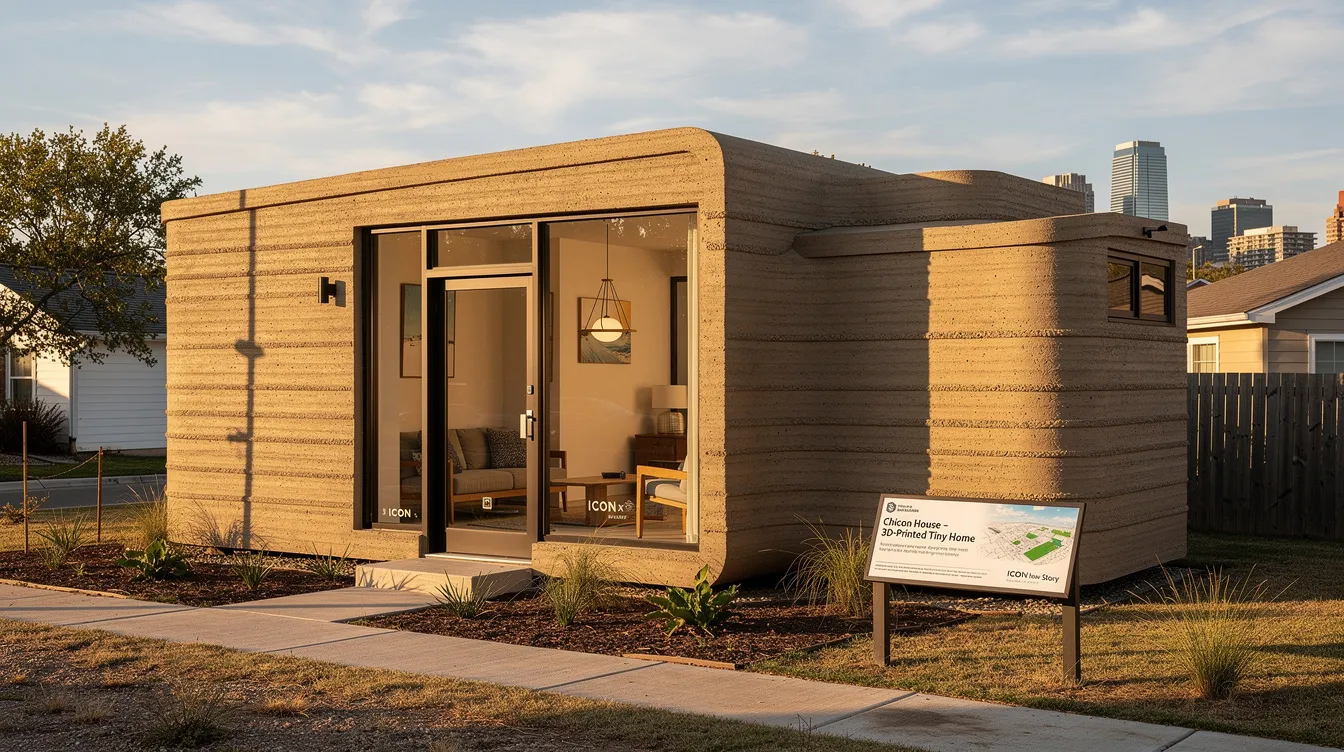 85346c31020f48d3bef1a2059dfc9a0b The image showcases Chicon House Americas first fully 3D printed tiny home set against a backdrop of a lush forest This modern structure features expansive windows high ceilings and a cozy interior design that emphasizes natural light making it a standout example of innovative tiny house architecture