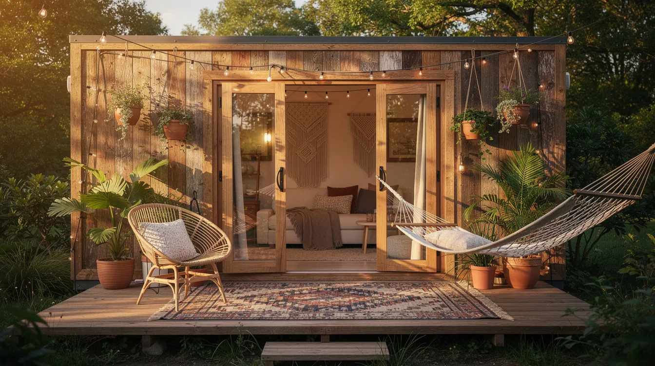 8620a8ba7fdc42f4a0037d372c065123 The image showcases a charming boho tiny house on wheels featuring a cozy interior with a comfortable dining table and a kitchenette Surrounded by plants this perfect weekend getaway offers a beautiful view and a welcoming atmosphere for family and guests to enjoy