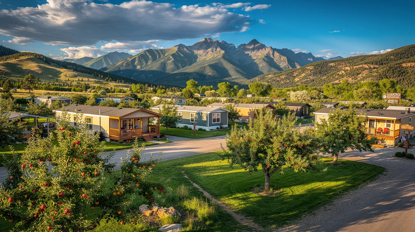 87a5aaf7bbd8491dbbc4d99ddee78397 The image showcases Hermosa Orchards Village a vibrant tiny home community nestled in the beautiful Animas River valley surrounded by National Forest land The orchard community features mature trees bearing apples cherries plums and apricots providing a picturesque outdoor space for residents to enjoy in this year round mountain oasis