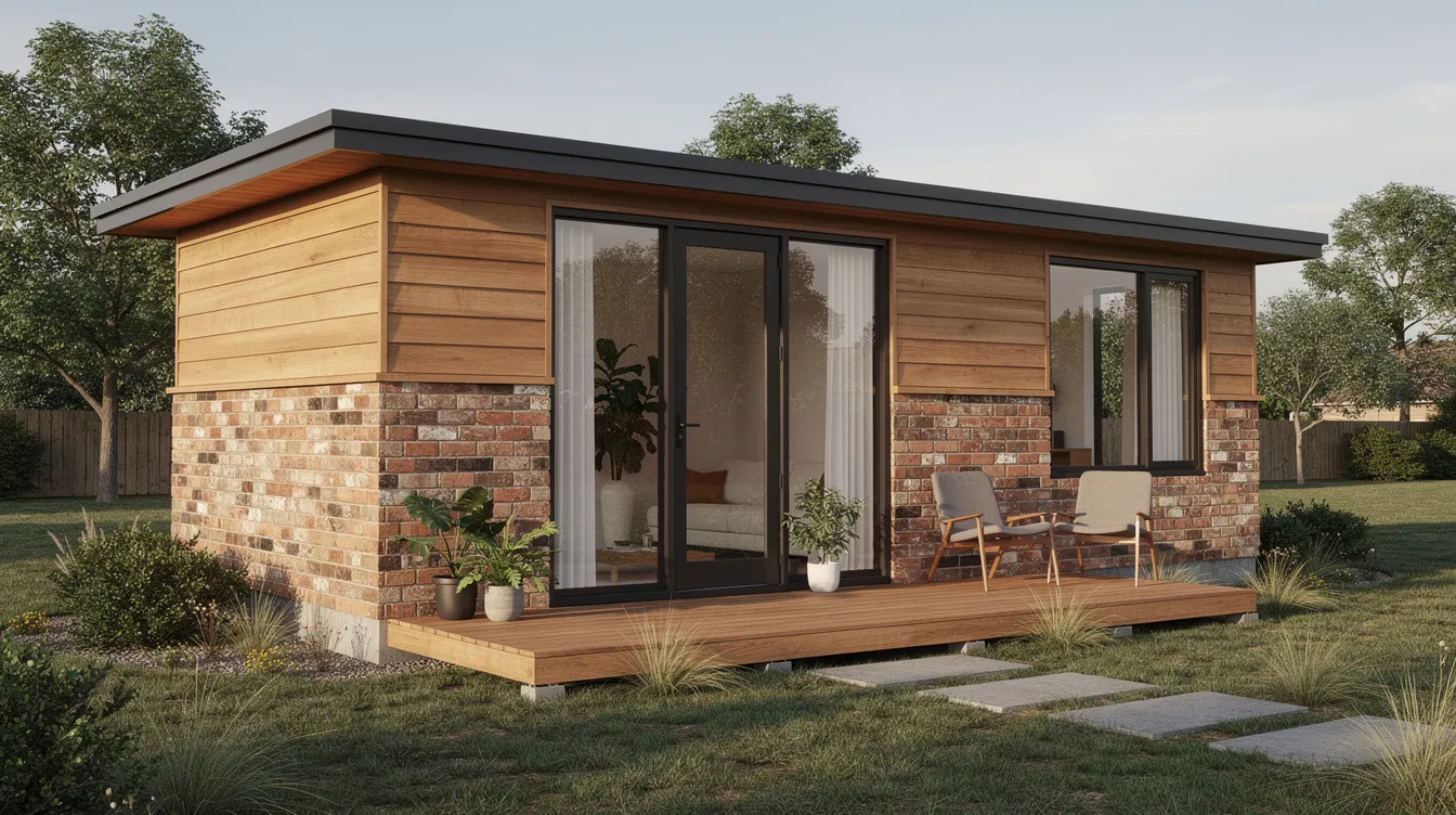 88333d15c5194207b0dd402770bb811c This image showcases a mixed brick and cedar hybrid tiny house featuring a modern flat roof and a charming exterior that combines reclaimed brick with wood siding The inviting 420 sq ft layout includes a cozy bedroom a dining area and ample natural light making it a perfect small house for comfortable living