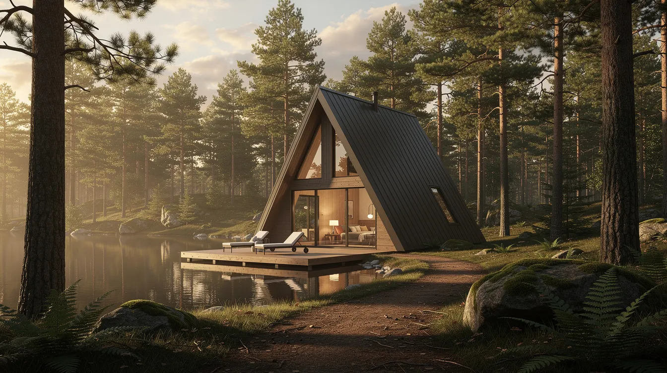 886a303e63504143ac7ee53939b4d2f4 A modern A frame tiny house is nestled among tall pine trees overlooking a serene lake This cozy structure features large windows that allow natural light to flood the minimal living space making it an ideal escape for those seeking a functional and affordable lifestyle in nature