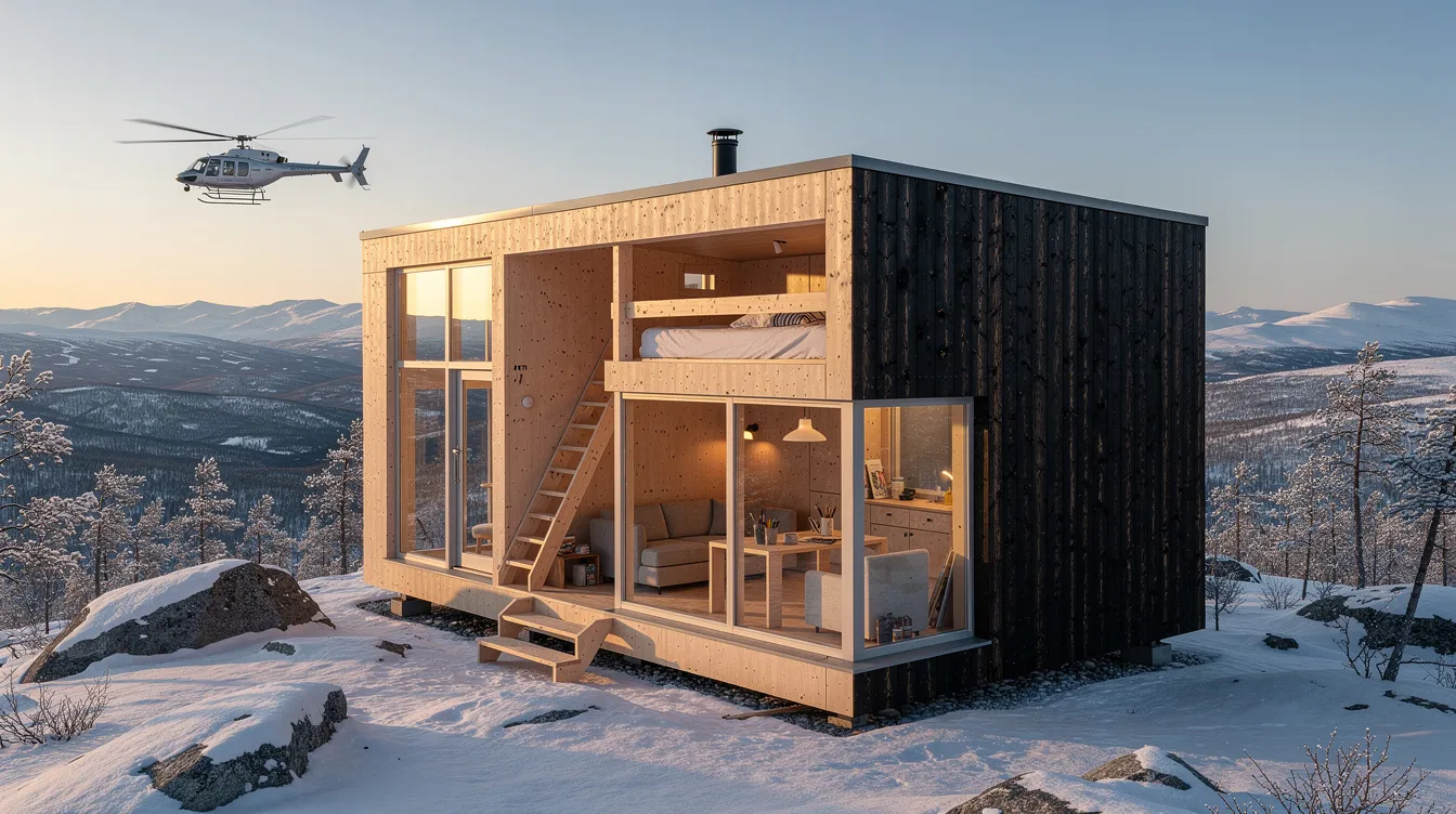 8b3be0835b8b4f159307a5533888d6f0 The Space of Mind Cabin is a compact 107 square foot tiny home made from Arctic spruce featuring a modular design that allows for 12 different floor plan configurations Surrounded by a serene forest this transportable cabin boasts expansive windows and a cozy sleeping loft making it an ideal retreat for adventure seekers and those embracing a nomadic lifestyle