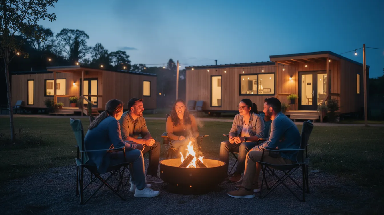 8eaf606c4a864216ba7237491abe39fa A group of people is gathered around an outdoor fire pit at dusk enjoying each other's company, with cozy tiny homes visible in the background, highlighting the sense of community in this tiny home community in McKinney, Texas. The warm glow of the fire contrasts with the serene evening sky, creating a welcoming atmosphere for residents and visitors alike.