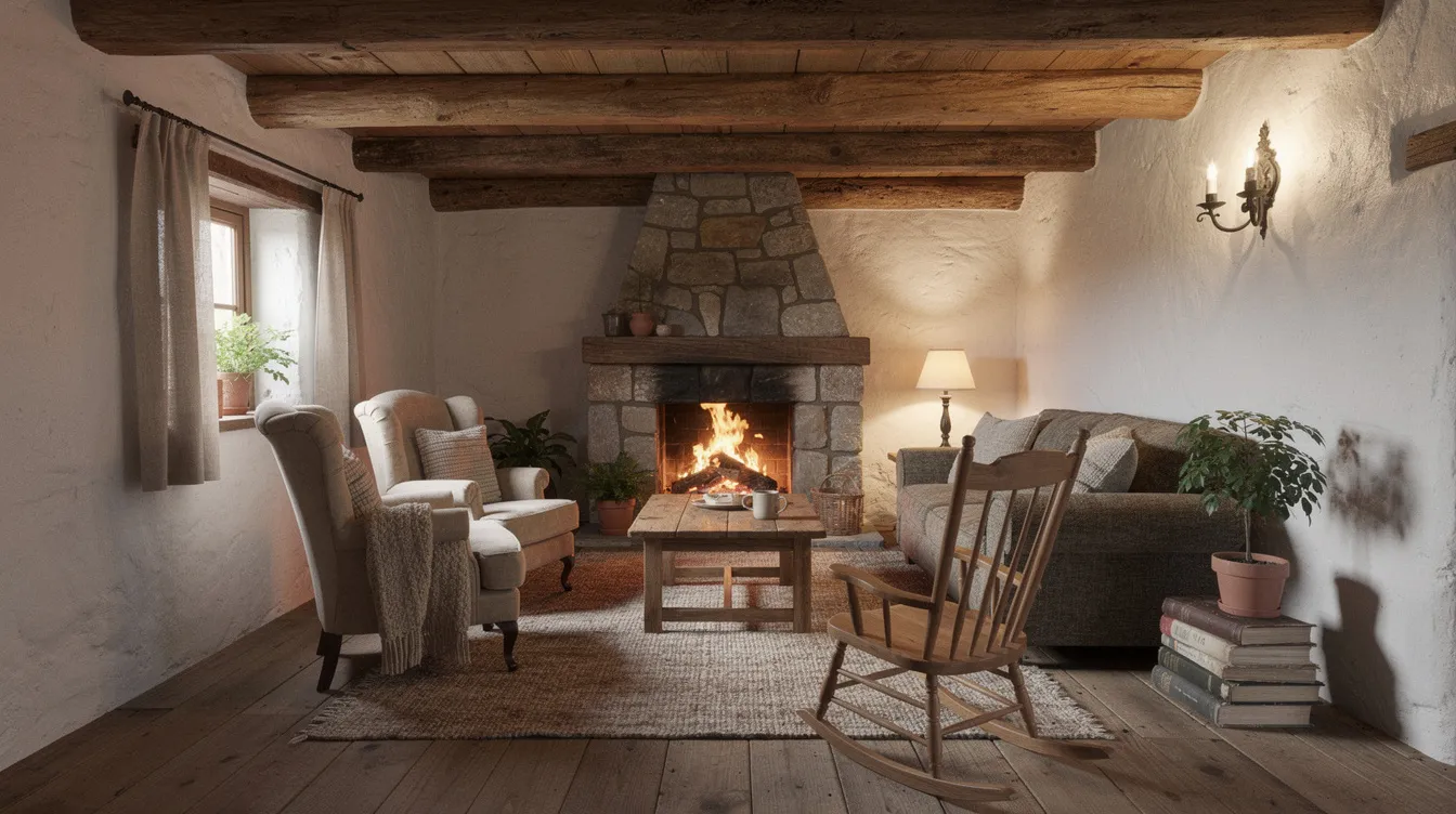 8eb911562db2494182f4c0582394aabd The interior of a cozy fairytale cottage features exposed wooden beams and a charming stone fireplace creating a warm living space with comfortable seating This tiny house encapsulates the essence of a fairy tale inviting relaxation and a sense of home