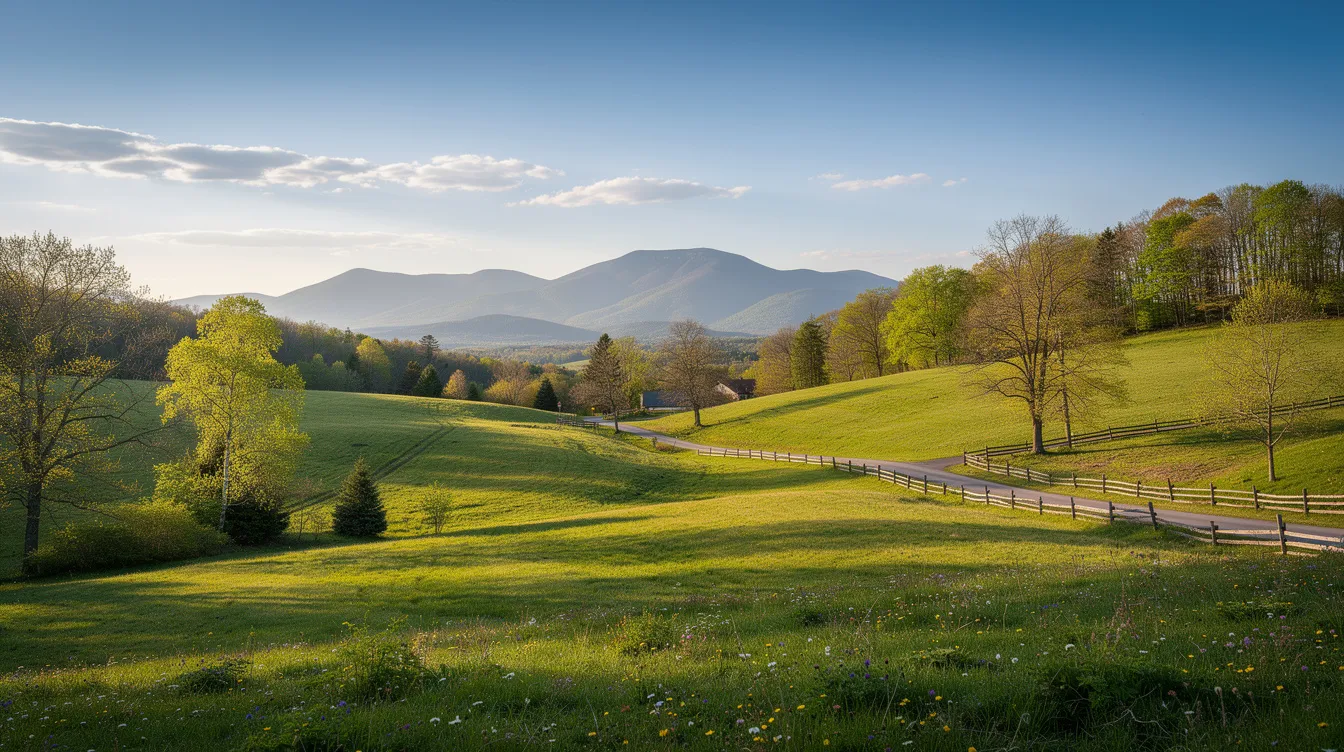 8ec8fa0e322f44f18c23ddb3c54e7c26 The image depicts a serene Vermont landscape featuring rolling green hills and distant mountains under a clear blue sky embodying the peaceful lifestyle often sought by tiny house enthusiasts This picturesque setting reflects the freedom and tranquility associated with living tiny in nature
