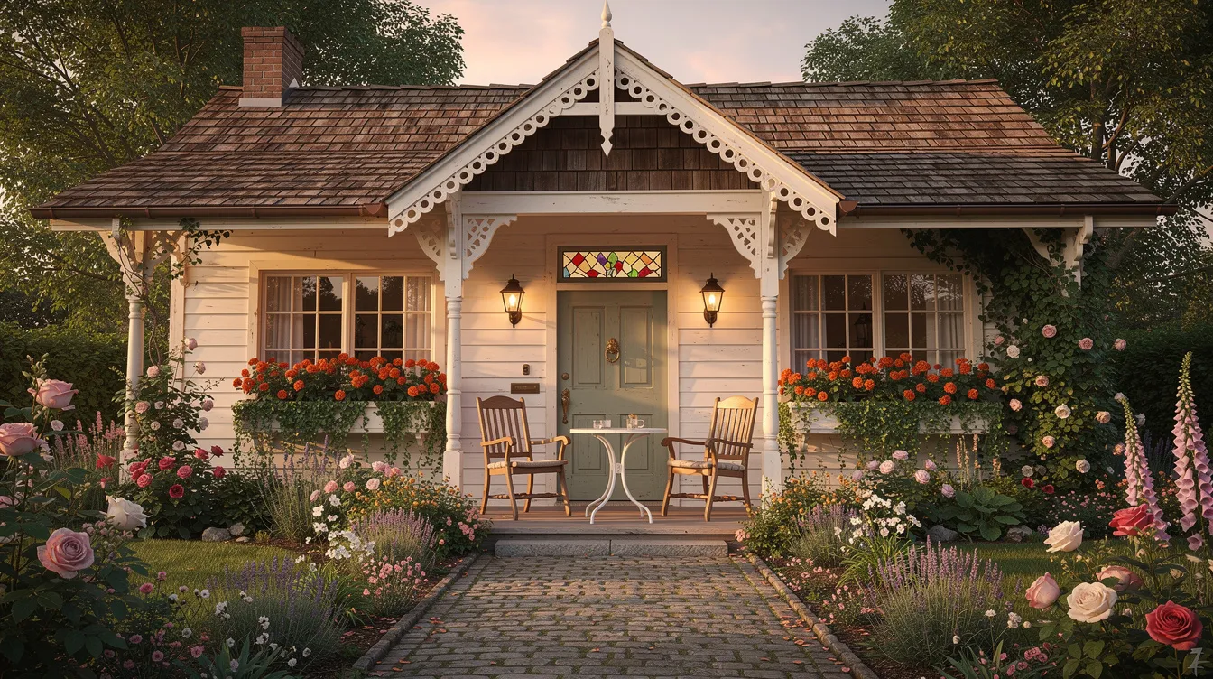 8f10e9eb0a3e4adabacaf3464a9d5af3 The image depicts a charming vintage cottage characterized by its gable roof inviting porch and ornate trim details Large windows and stained glass accents fill the cozy living space with natural light while a stone pathway leads to the entrance enhancing the home's storybook aesthetic.