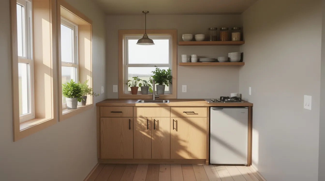 8f427b5e5f4d4956b87e2bff9a9c4492 The image shows the interior of a tiny house featuring a compact kitchen with wooden cabinets and butcher block countertops illuminated by natural light streaming through the windows This smart design exemplifies the functionality and aesthetics that tiny house enthusiasts appreciate in custom tiny homes