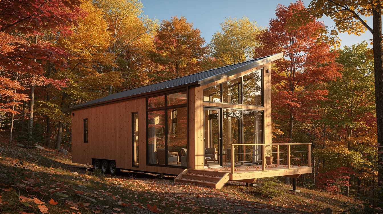 9010de0a55c5429b9864d87590ee652e A modern tiny home features large windows and a cozy wooden deck surrounded by vibrant autumn foliage showcasing the beauty of tiny home living This incredible tiny home offers an attractive retreat perfect for enjoying the fall season in Tennessee