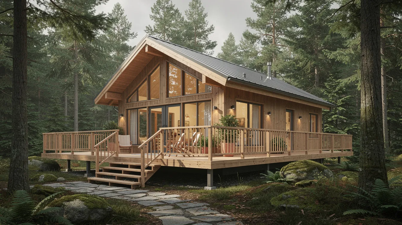 91dfb60c6e764e9e8530b01686a3c6a3 The image depicts a charming forest lodge with a wraparound deck resembling a cozy fairytale cottage nestled among tall trees This tiny house features inviting wooden walls and a warm living space perfect for relaxation and enjoying the beauty of nature