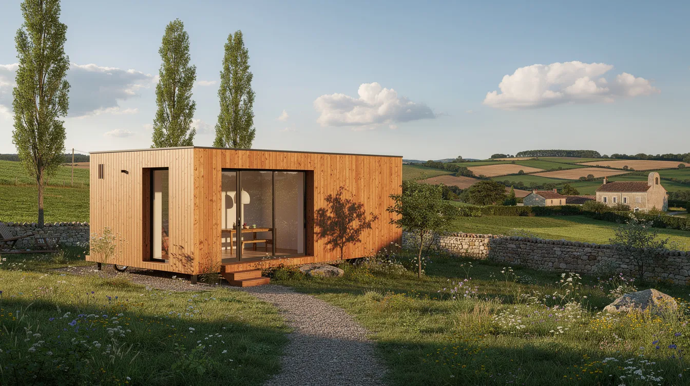 923bc37e9d8a474ea4a80df9dfdd5f0e The image depicts a modern tiny house with wooden cladding situated in a lush green landscape of the French countryside This tiny home exemplifies the concept of tiny house living offering a cozy and energy efficient dwelling that harmonizes with its natural surroundings