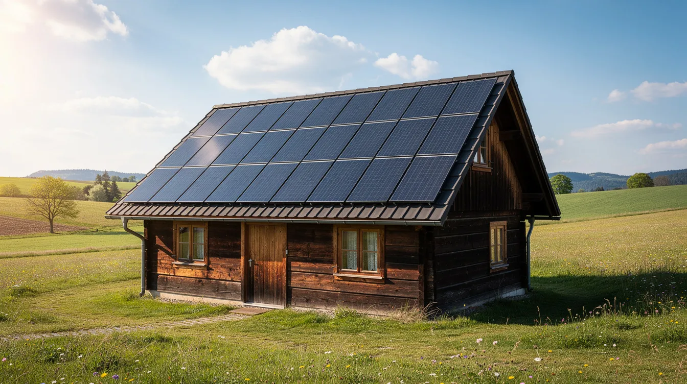 923e0146af17442b967063a4a386a842 The image shows a wooden cabin with solar panels installed on its sloped roof set against a picturesque countryside backdrop This sustainable home emphasizes energy efficiency and utilizes natural materials showcasing a modern approach to off grid living