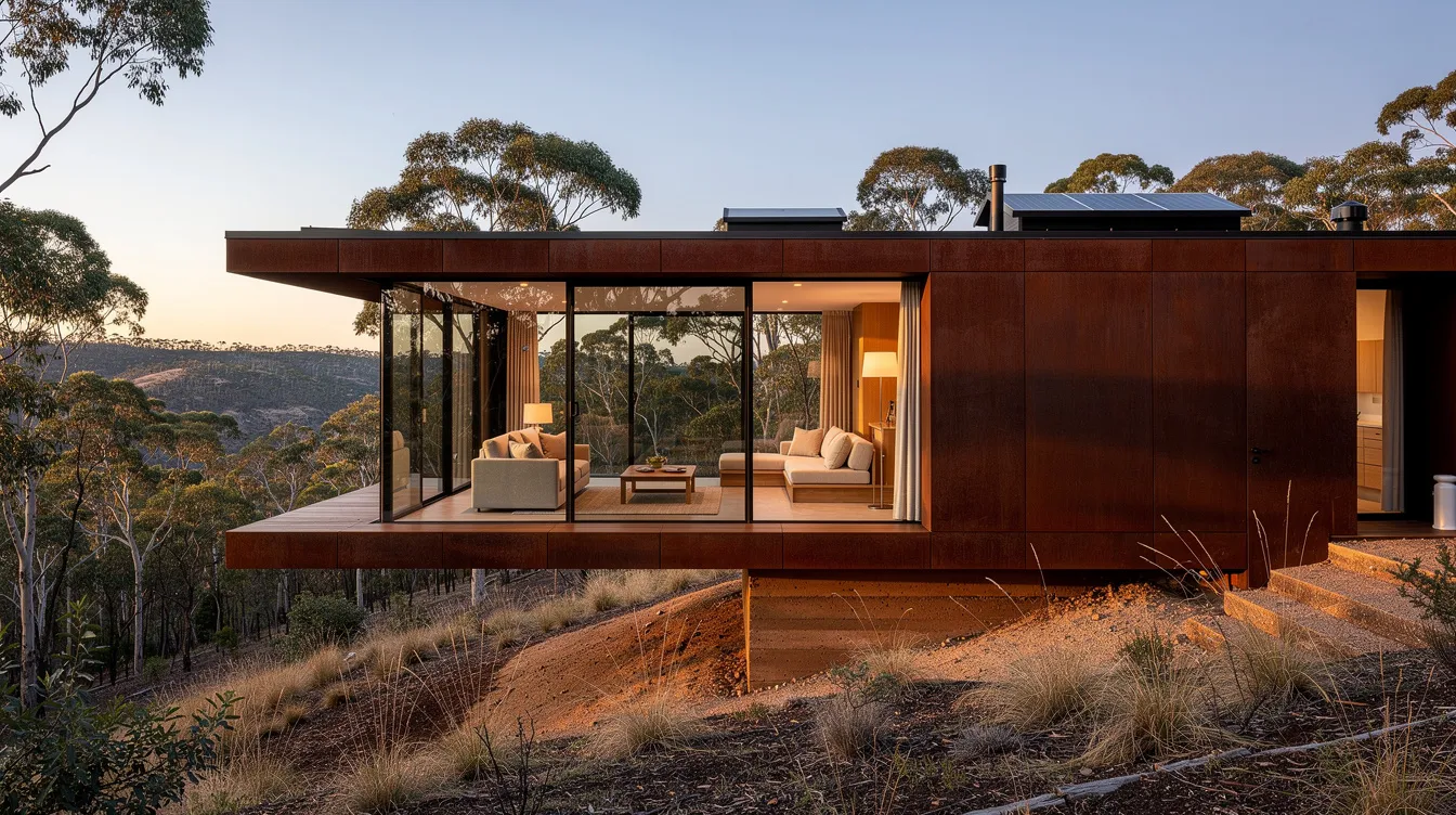 93122d69591a41268cbd97bb47fea691 The Riversdale Retreat is an award winning tiny house in Australia featuring a Japanese influenced cantilevered design with floor to ceiling glazing that offers stunning views of the surrounding bushland This eco conscious vacation home incorporates sustainable materials and systems including rammed earth walls and greywater recycling creating a light filled living space that combines modern style with luxury