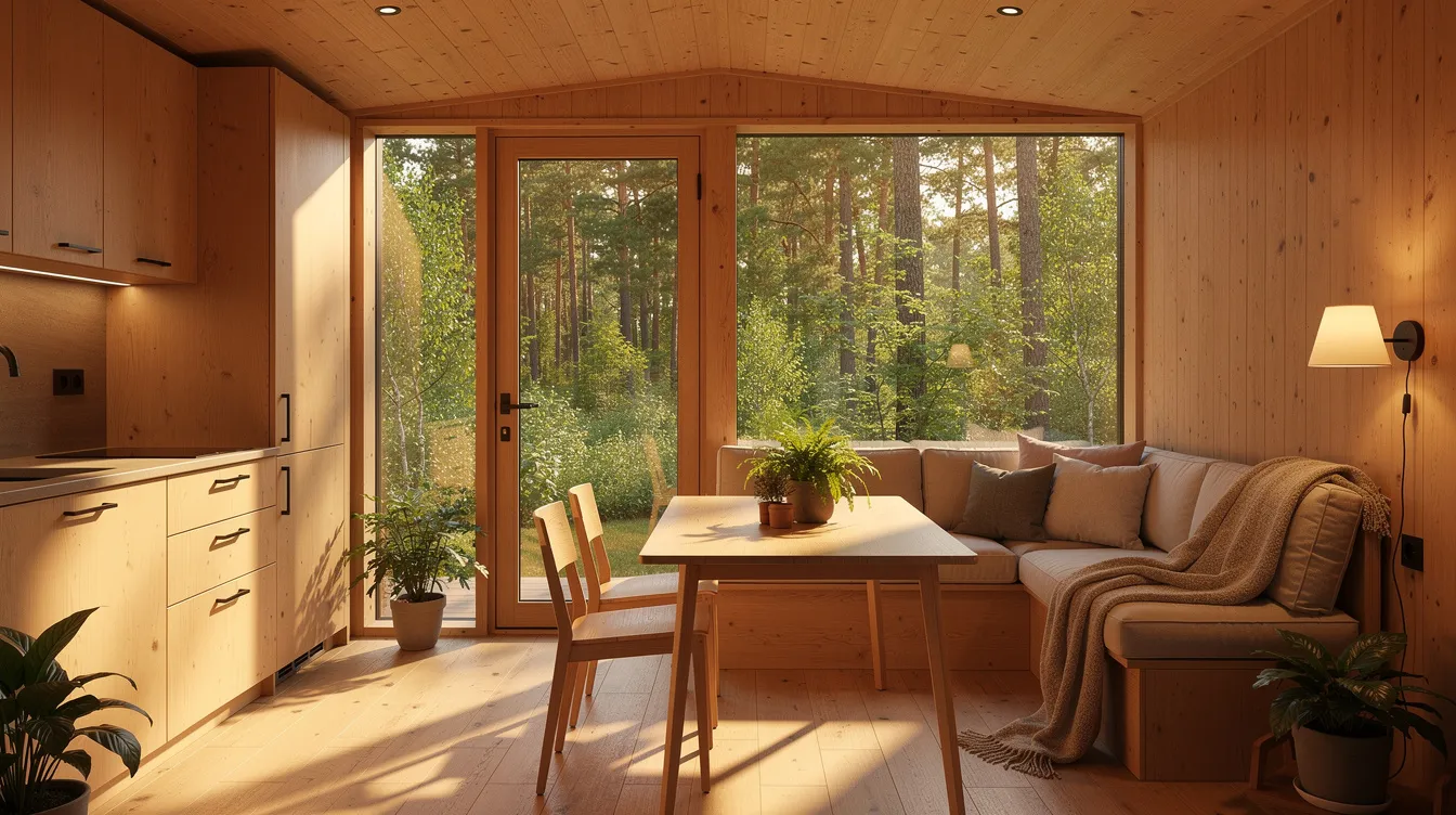 936ce9f135a4492cb31f17ade9d7b630 The interior of a cozy tiny house features warm wood finishes and large windows that provide ample natural light and a stunning view of the surrounding forest This efficient living space exemplifies the charm of small houses combining comfort and functionality in a minimal space