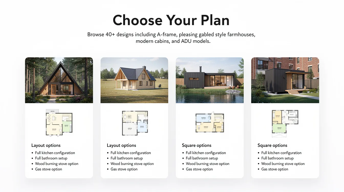 93acbbf2492d4237ac083ee8c7c9ed0c The image showcases a variety of tiny house plans including modern cabins and A frame designs highlighting unique features like high ceilings full kitchens and lofted bonus rooms Each design is crafted to maximize living space while offering distinctive styles and practical layouts for a cozy home