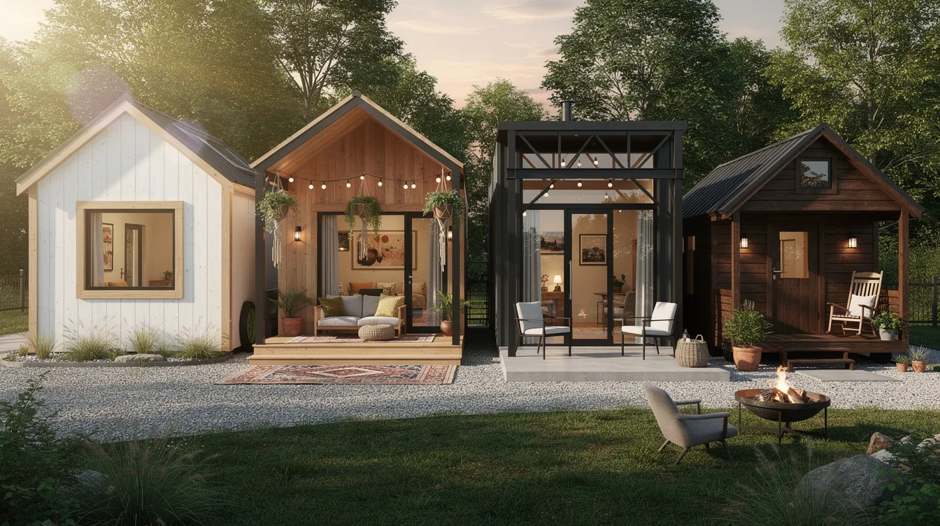 949f4096e8284965a183eceb8927c835 The image showcases a cozy aesthetic tiny home featuring high ceilings and large windows that fill the living space with natural light With an inviting porch and functional open shelving this small house is designed to maximize limited space while maintaining visual interest and comfort