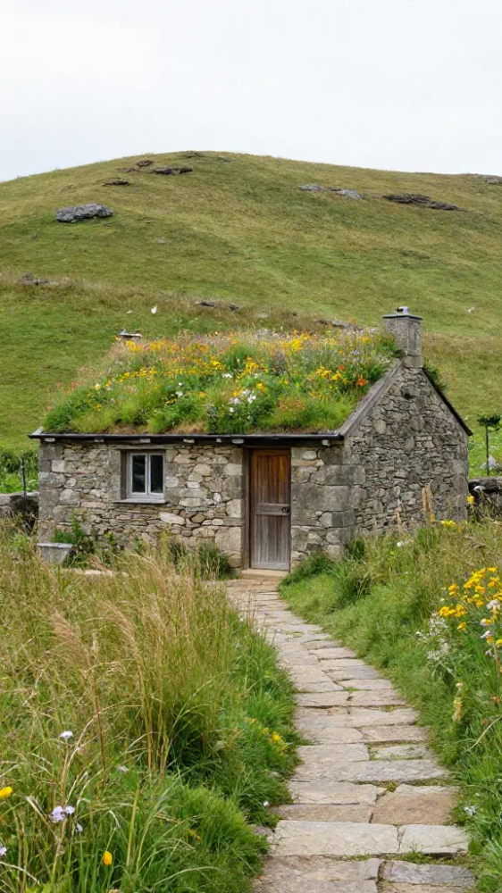 96d83f15b257719f594edeb134912fa8782c1fc97d67a32acad6f3b35bb000a6 Wildflower Covered Turf Stone Cabin