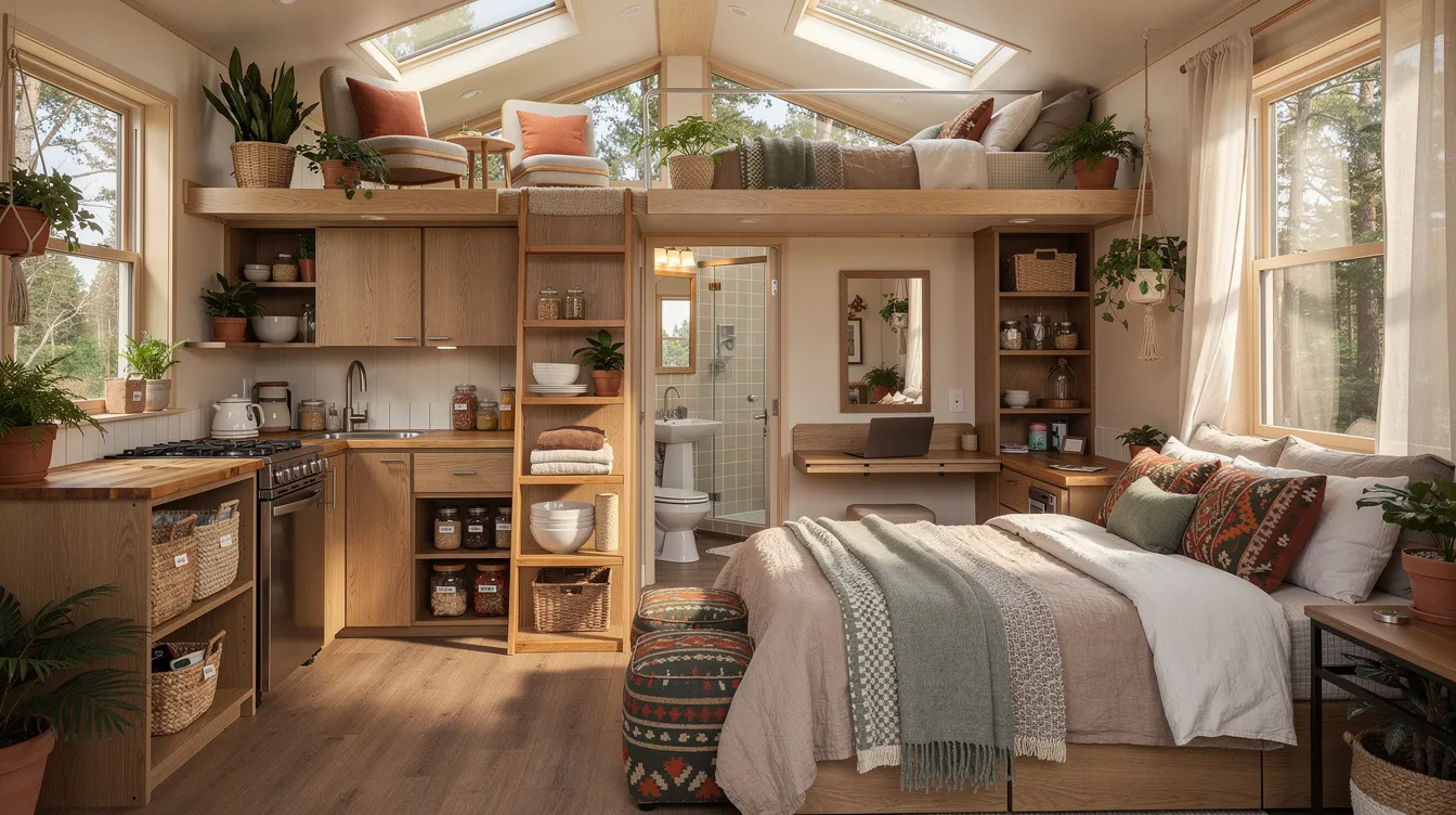 974ed60ff4c540b191317dbdbadfc92c The image showcases the interior of a boho tiny house featuring a cozy layout with a main floor queen bed a pull out sofa and a kitchenette with butcher block counters The space is adorned with plants and multi use furniture creating a charming and comfortable environment perfect for family or guests