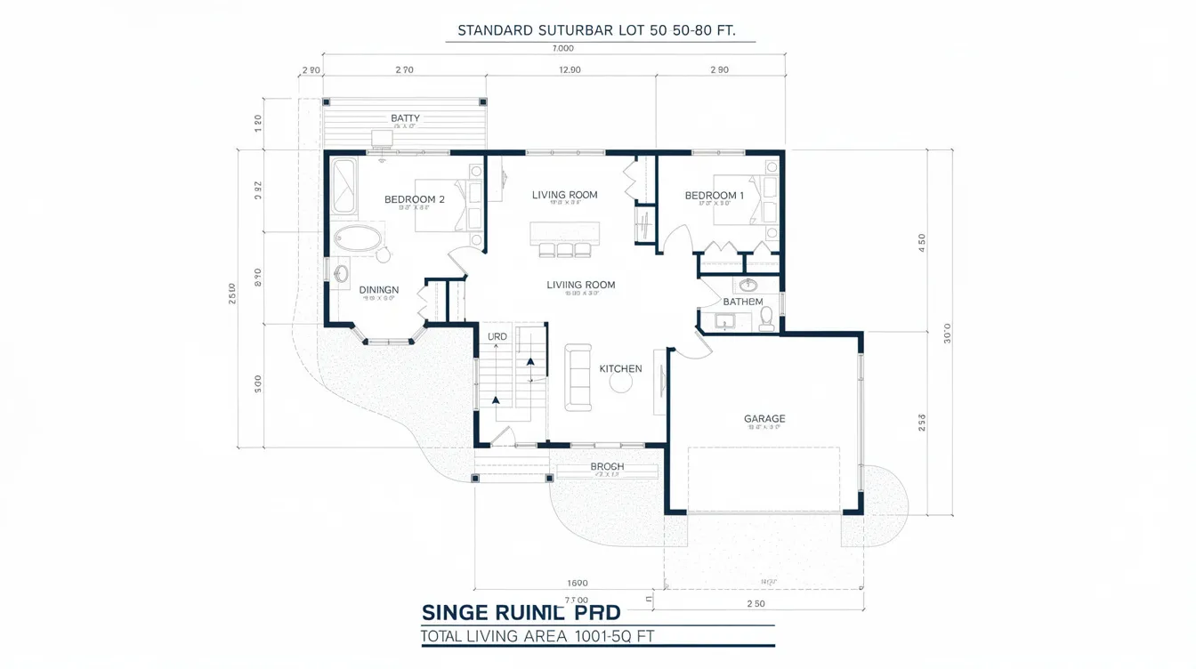 98271295424946b481e50a7ee9c1fb99 The image features a top down blueprint of a single story ranch small house plan designed for standard lots showcasing a compact layout of 1000 1500 square feet It includes an open floor plan that connects the kitchen dining and living areas along with flexible room arrangements for 2 3 bedrooms and 1 2 bathrooms and highlights outdoor living spaces with generous yard space