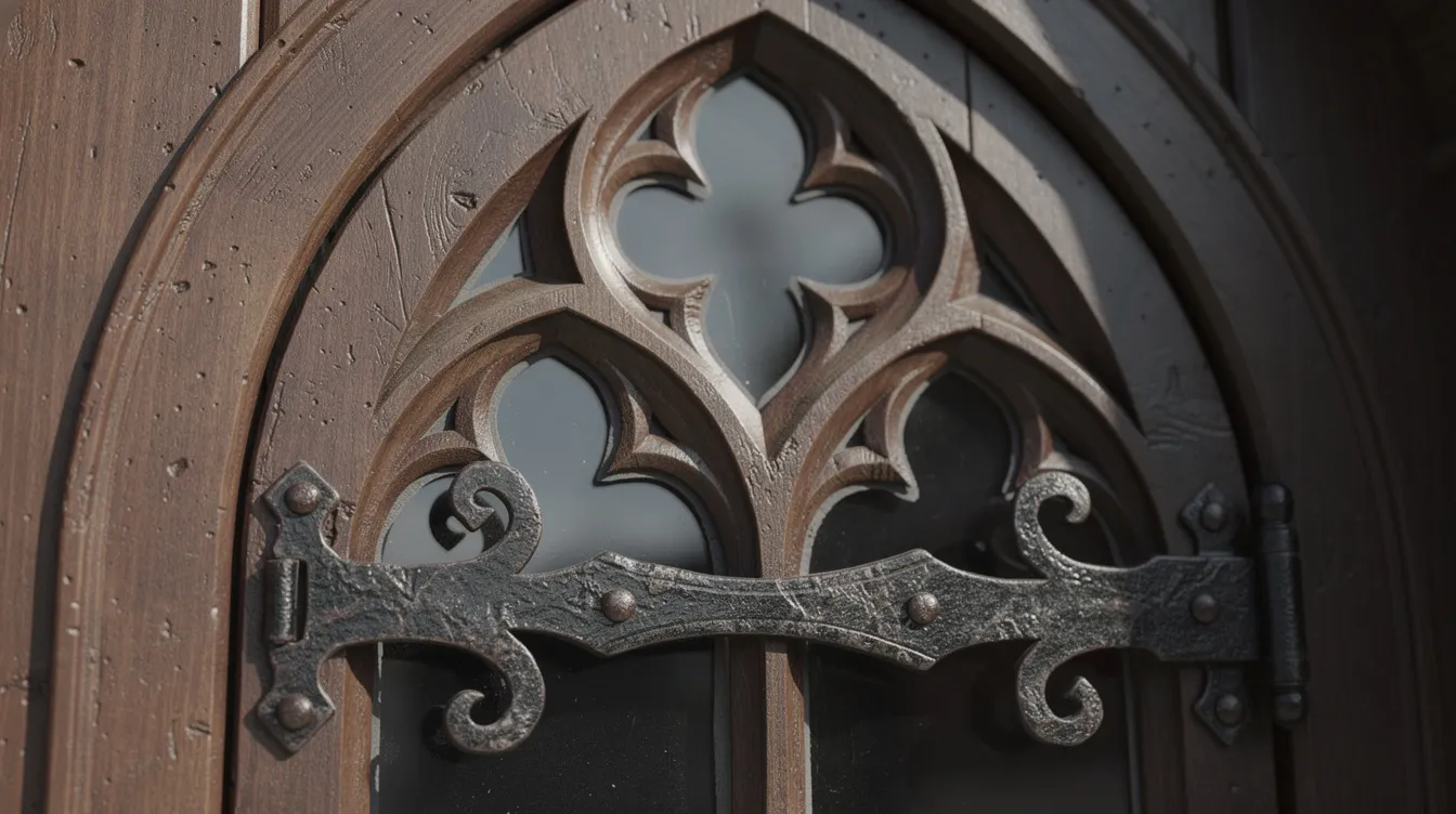 989b77d890394611a3a9a8721944ef96 This close up image showcases the intricate tracery of a pointed arch window featuring wrought iron hinges set against a backdrop of dark wood The craftsmanship highlights the unique design elements that can inspire those looking to create a cozy and stylish tiny home