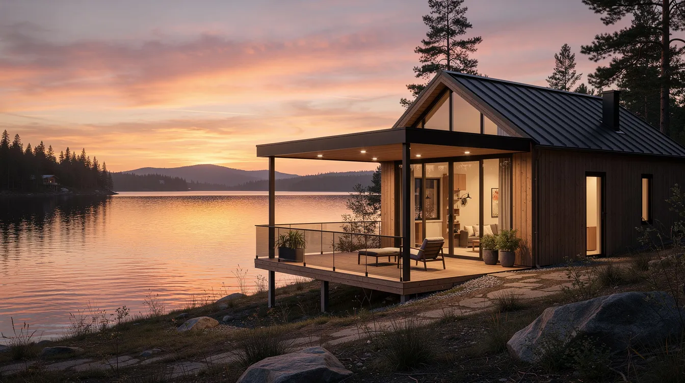 99852c88834f46f88b380d6457dc1ade A small modern cabin with a covered deck offers a stunning view of a tranquil lake at sunset showcasing its sustainable design with natural materials and energy efficient features like solar panels The cabin is constructed using structural insulated panels emphasizing high insulation value and a reduced carbon footprint making it an ideal zero energy home