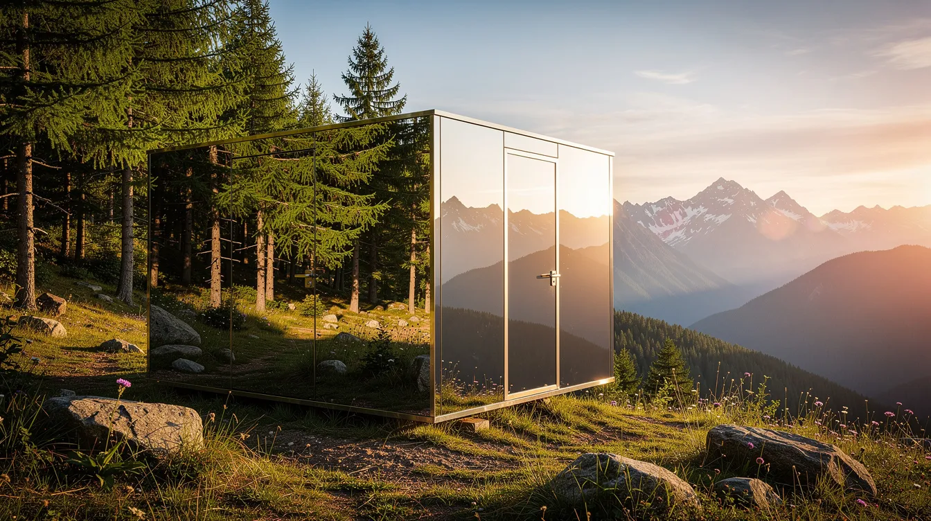 9ac72aad42db42b6bef45189475f2a47 A stunning mirrored tiny house reflects the surrounding pine trees and majestic mountains during the golden hour creating an amazing view of nature This compact cabin offers a luxurious escape for guests perfect for exploring the beautiful landscape nearby