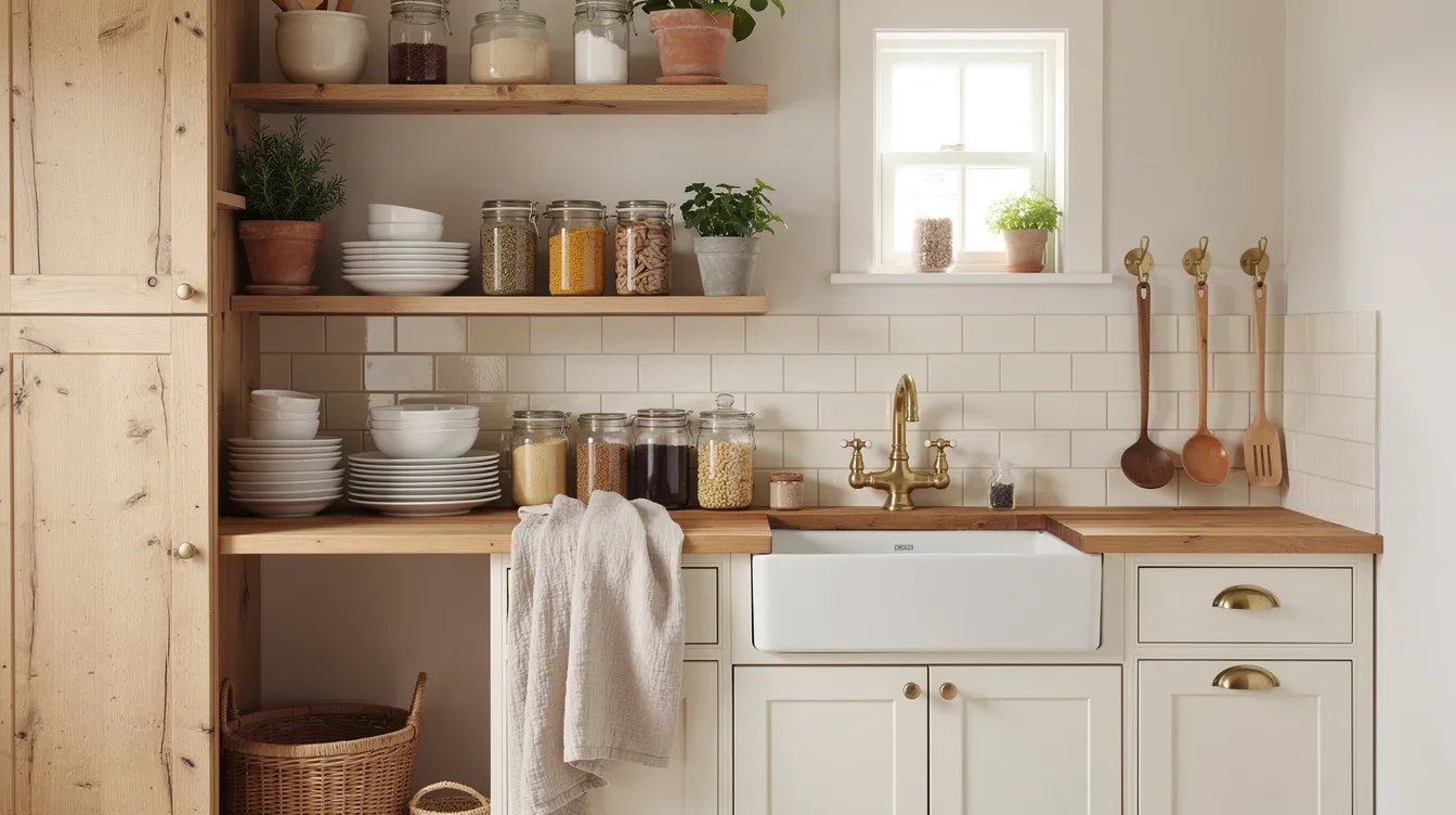 9b7d8b9482de44c188227cd0d62cefa3 The image features a cozy cottage kitchen in a fairytale tiny house showcasing open wooden shelving adorned with charming brass fixtures This compact living space combines functionality with a warm inviting atmosphere perfect for creating delightful meals