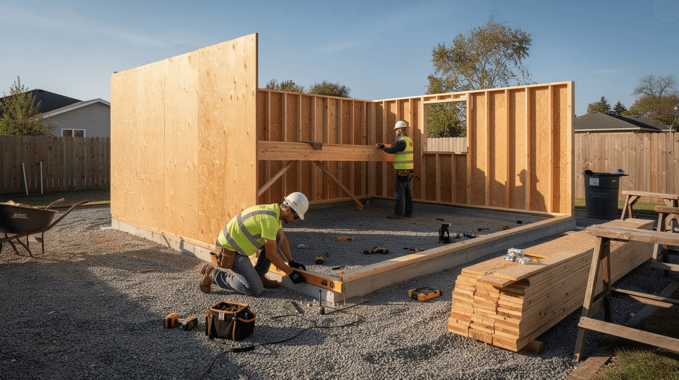 9b892acbe3f54701b06bff6c7d3e4ad3 A group of workers is assembling a wooden shed structure from the Tuff Shed Sundance series on a gravel foundation demonstrating a professional installation process The shed is designed for storage and is part of the offerings available at Home Depot