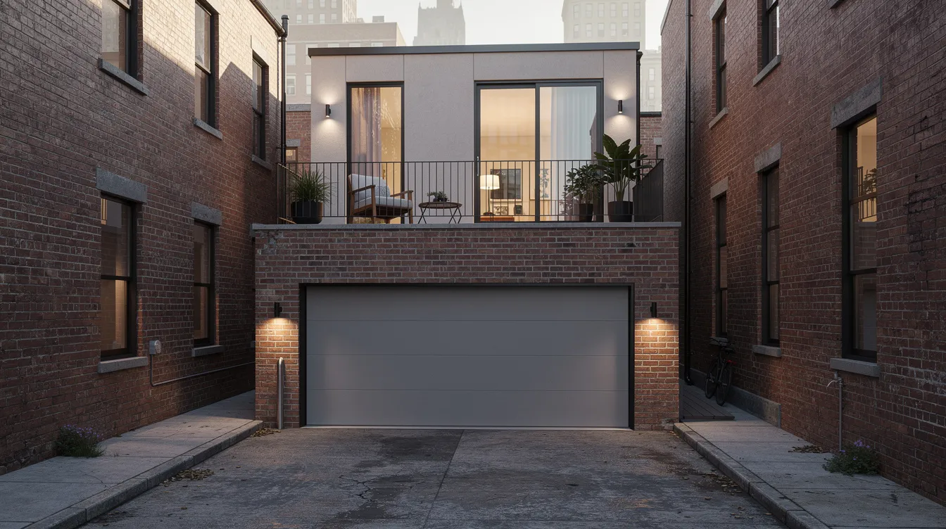 9d439f5504b940b1ad7423651f1b85a6 The image depicts an Urban Laneway Studio a charming tiny house built over a garage featuring a brick parapet and a rooftop deck This compact living space approximately 380 sq ft offers an inviting interior with natural light perfect for a cozy one bedroom layout