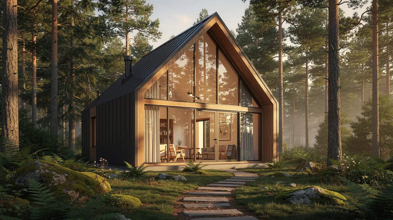 9dbf49b431e846fcb39d6cc3e5c4d216 A small A frame cabin with a large glass front is nestled in a serene forest setting showcasing a light filled interior that emphasizes tiny living The structure features wooden walls and a compact design making it an ideal tiny house for those who appreciate nature and functional living spaces