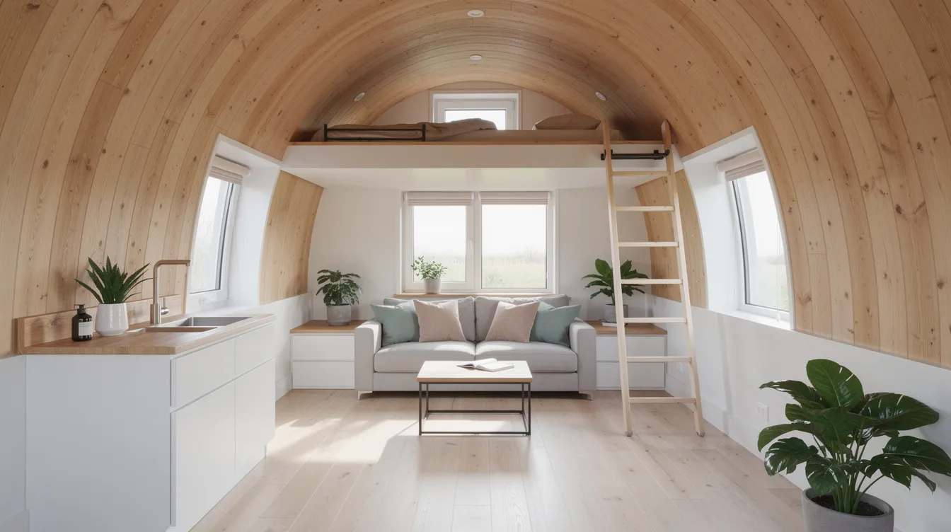 9de6f102a910492b870e94be67829ca8 The interior of this tiny home features a beautifully curved wooden ceiling and an inviting living space filled with natural light from expansive windows Built in furniture and a cozy breakfast nook enhance the functionality of this small house making it a perfect example of modern tiny living