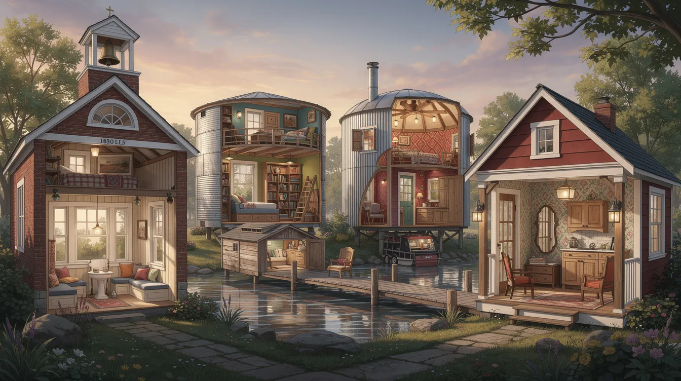 9ee1b890e8e54977ad99f17dd265aace The image showcases a beautifully converted historic tiny house featuring original elements like exposed rafters and large windows that fill the interior space with natural light This cozy home under 1000 square feet combines modern upgrades with charming period details making it a perfect example of the tiny house movement