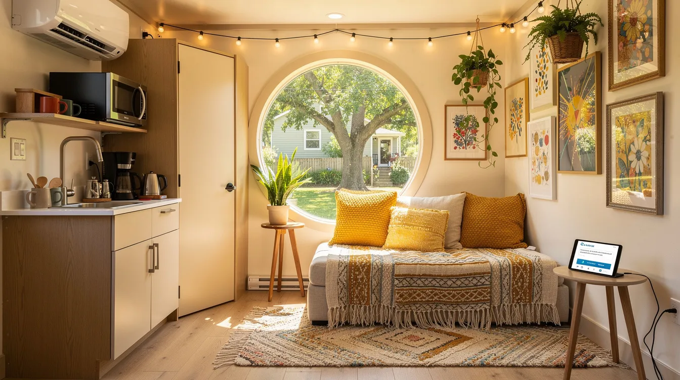 A2cc9c0288034acfbfe13a95d0e7a4f4 The image showcases a cozy boho tiny house with a chic interior featuring mustard throw pillows fringed rugs and vibrant artwork The space includes a well equipped kitchenette a comfortable dining table and large round windows that offer a beautiful view of the surrounding leafy yard making it a perfect weekend getaway for guests