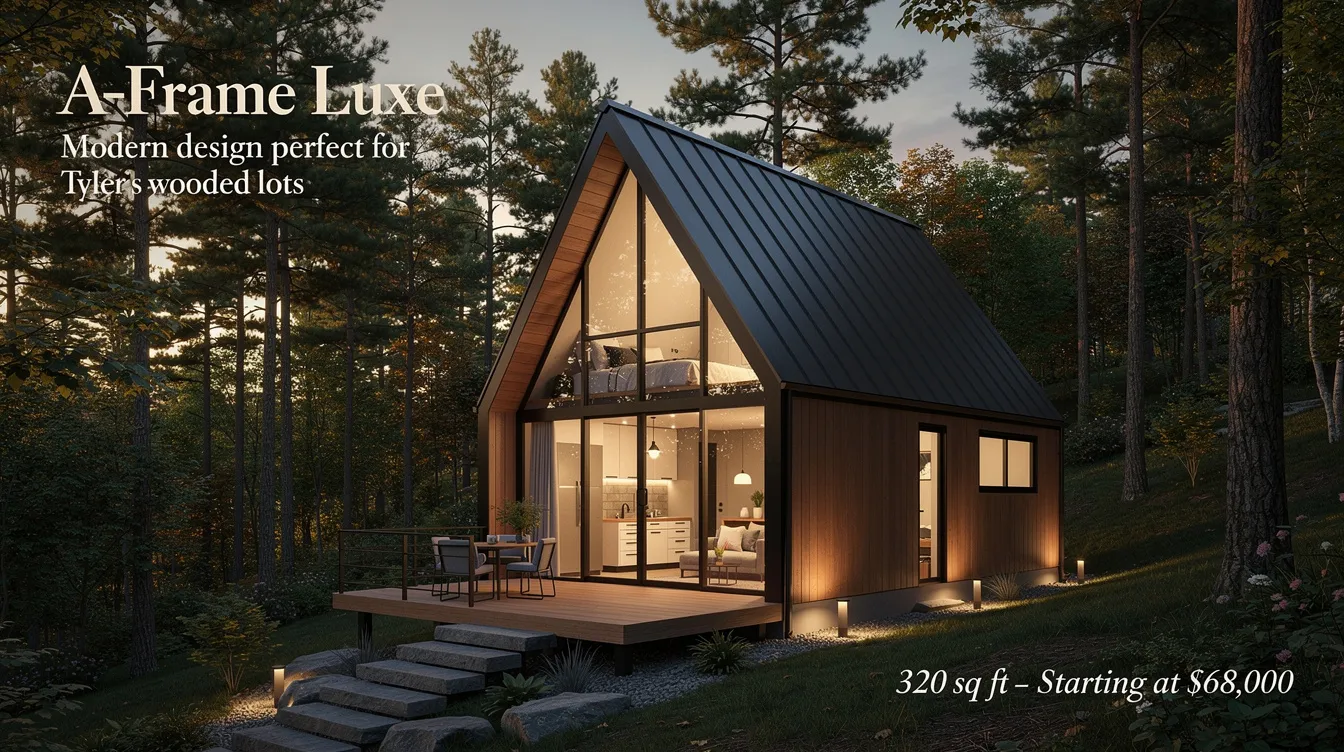 A3809edc2a3d4ea2ac924b9b8f0e2101 The image showcases a modern A Frame tiny house designed for Tyler's wooded lots, featuring large windows and a sleek exterior. This compact 320 sq ft home, starting at $68,000, embodies the cozy lifestyle of tiny home living in East Texas.