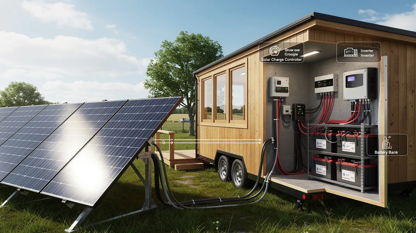 A3d4b47708f5481e9cc0abad12b9260f The image features a solar panel array alongside a battery bank designed for an off grid tiny house power system This setup exemplifies energy efficient tiny house living showcasing sustainable materials and innovative solutions for maximizing energy use in compact homes