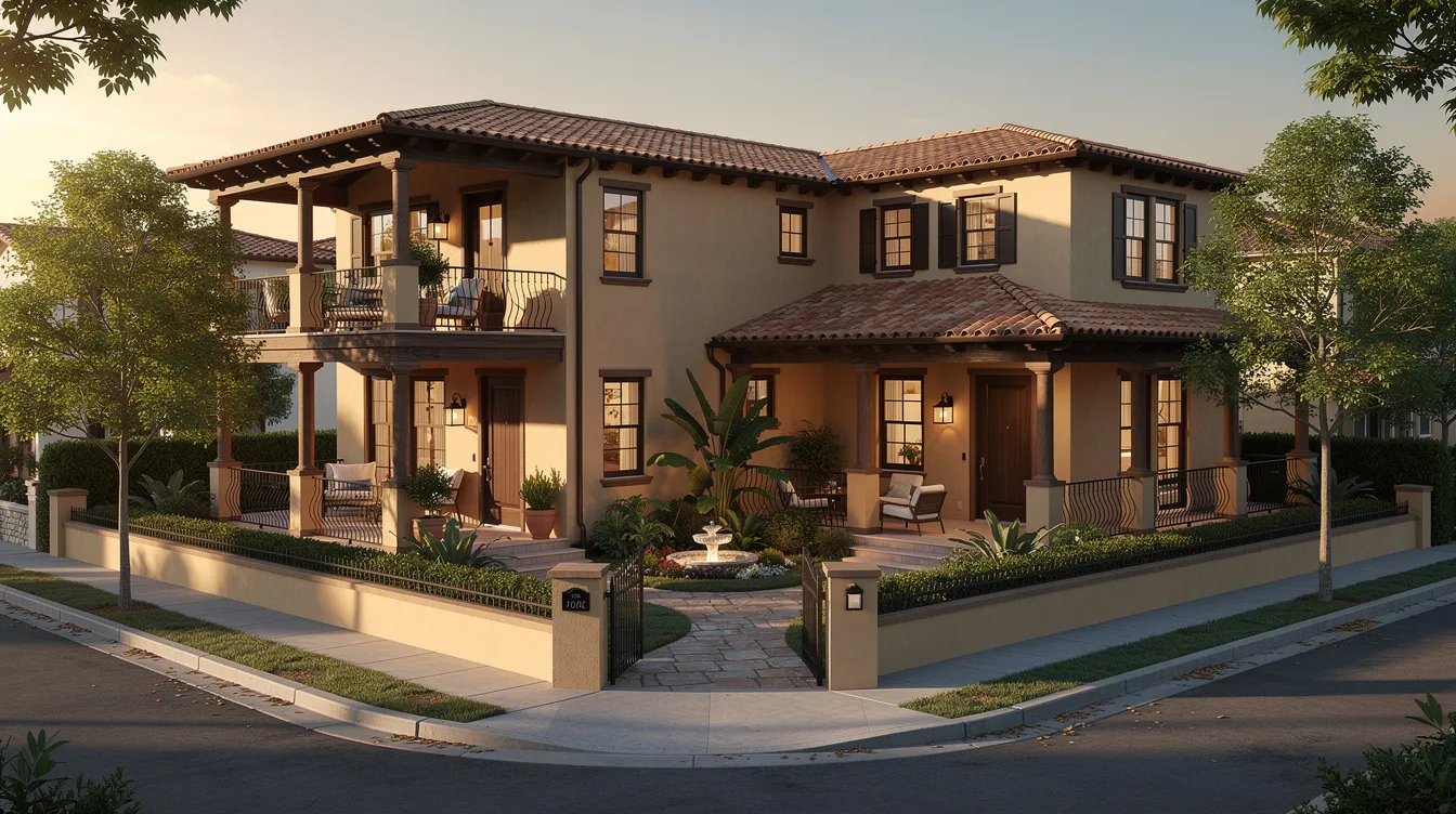 A5cbb2df05c540c69384d8ed5c147136 The image depicts a charming Mediterranean inspired villa designed for corner lots showcasing impressive curb appeal with wraparound porches and large windows This small villa design features multiple entry options and side courtyards creating an inviting and open atmosphere