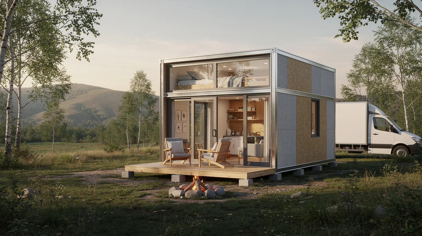 A5cf1b046521469597f352d42928f410 The image depicts a factory built modular cabin designed for rural lots showcasing a modern tiny home constructed with light steel frames and OSB materials This compact living space featuring a bedroom and bathroom emphasizes sustainability and a fast construction timeline making it an ideal project for weekend retreats or Airbnb rentals in Brazil