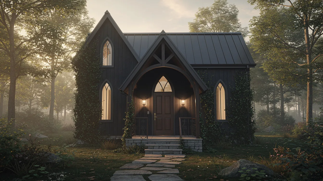A6a4659d676d4ca48f0e27af82a91265 The image depicts a Gothic inspired tiny home featuring a charming pointed arch entry porch embodying the essence of a fairytale cottage This cozy tiny house blends whimsical design with functional living space inviting you into a world of comfort and charm