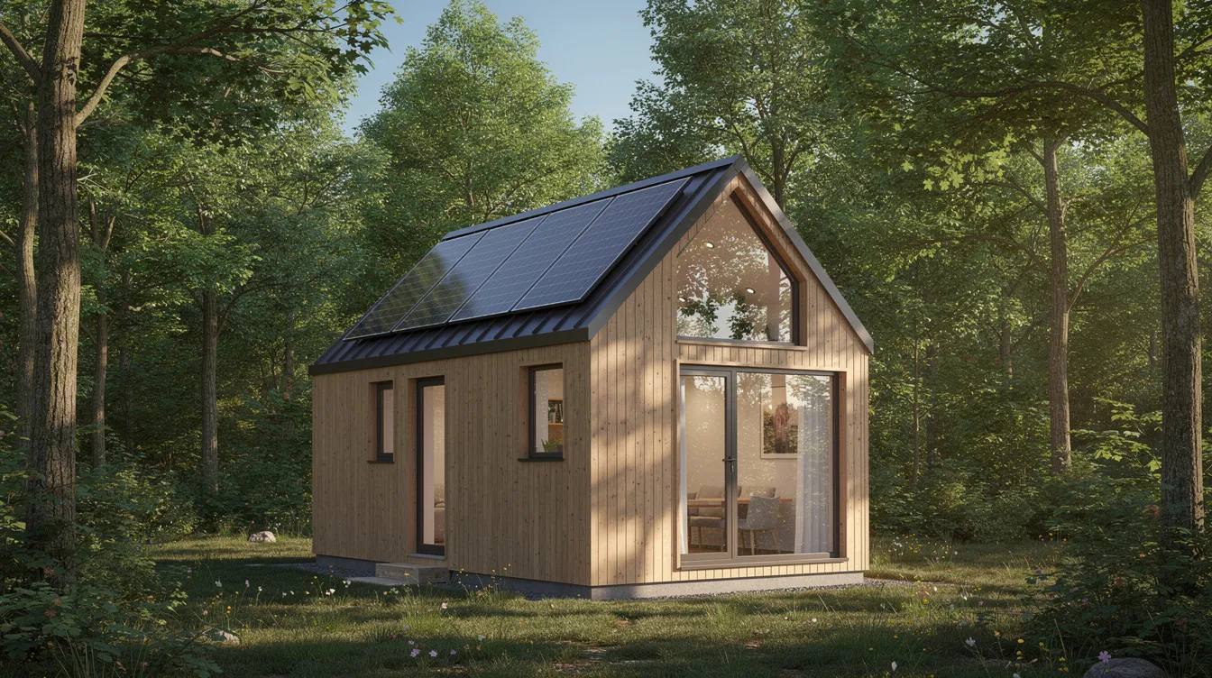 A7b44808353041cf89a7215e0e543beb A tiny house with solar panels on the roof is nestled among trees showcasing the concept of tiny living and energy efficiency This charming small home emphasizes sustainability and offers a cozy retreat in nature perfect for those seeking a simpler lifestyle