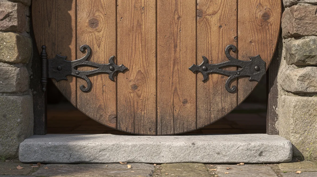 A7db9d89f6364134aa3bd191ab09253c The image features a close up of a round wooden door adorned with decorative iron hinge straps set against a rustic stone threshold evoking the charm of a whimsical tiny house or guest cottage This delightful detail adds a cozy and inviting touch to the property perfect for exploring a quaint living space