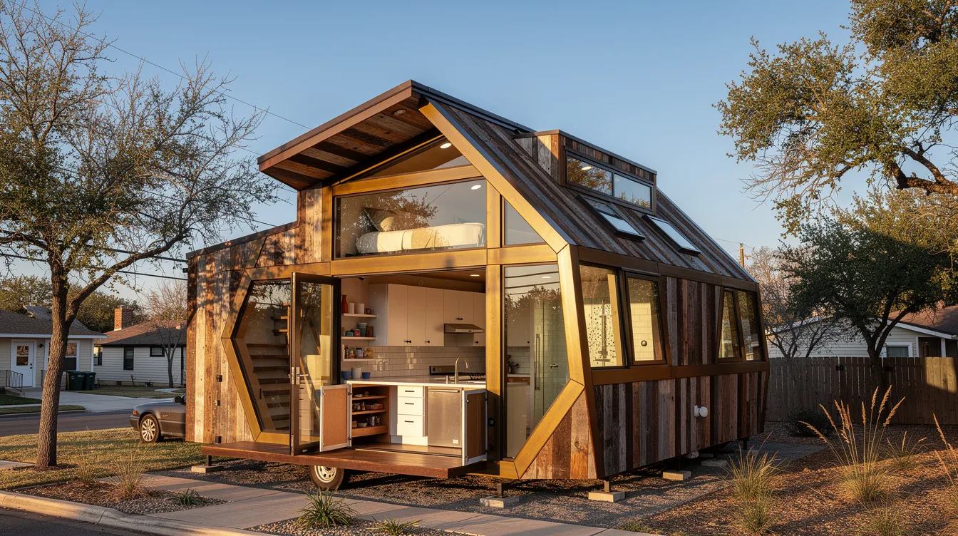 A8116f5ab53e4fdbac4022e1c9a5af3d The Beehive in Austin Texas is a stunning example of modern tiny house architecture featuring an angular honeycomb inspired exterior that maximizes natural light through large windows and clerestory designs Inside the compact living space includes a stylish open concept kitchen a spacious walk in shower and a cozy sleeping loft all crafted with premium materials for a resilient and inviting home