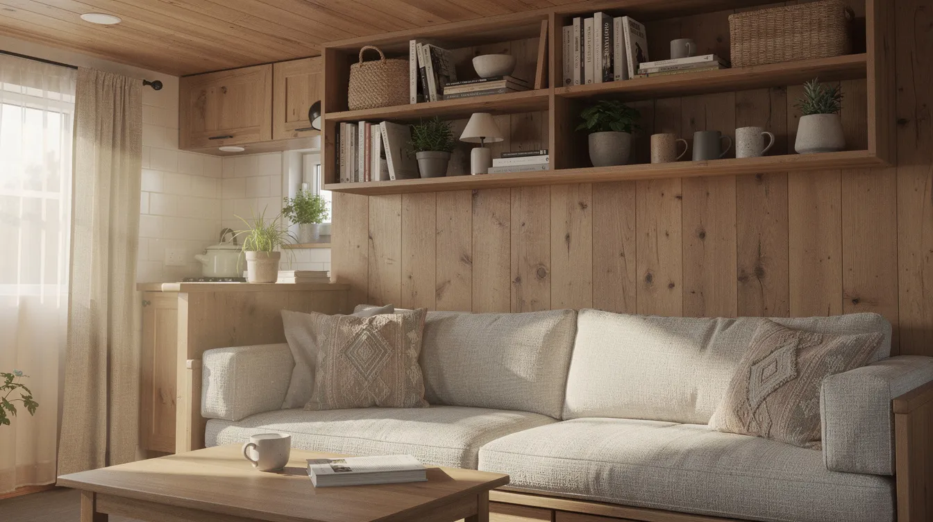 Aa360b601450466a9f581e1f4b84d3e6 The image depicts the cozy interior of a tiny house featuring built in bench seating and open shelving along warm wooden walls creating a surprisingly spacious living area The design emphasizes space efficiency and functionality making it an ideal example of modern tiny homes