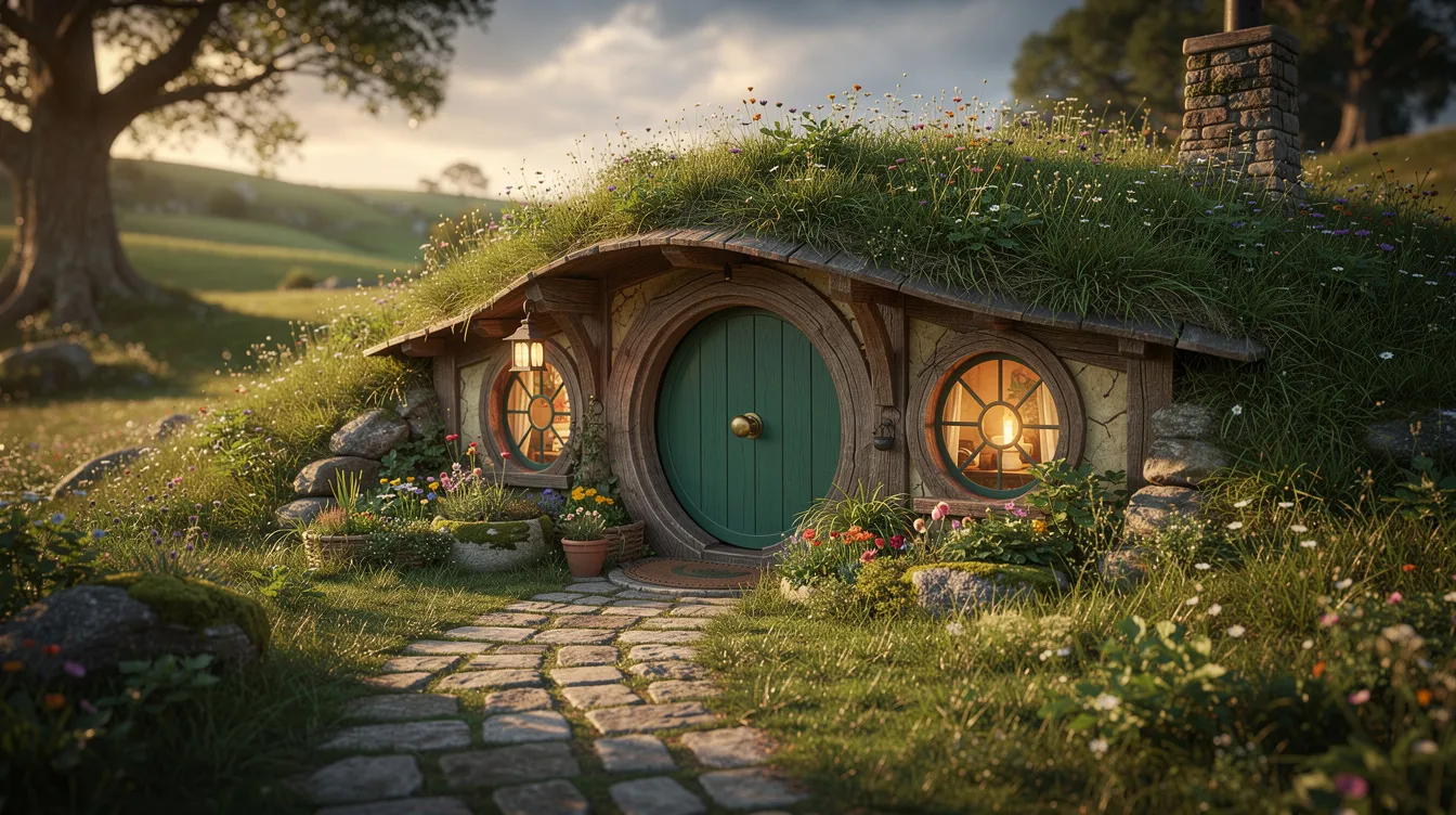 Ab2541b2a97342d68eeeed95c0625e6d The image depicts a cozy hobbit house nestled in the Smoky Mountains featuring a unique circular door and eco friendly design This tiny home reminiscent of Middle Earth offers a magical living space with a charming garden inviting guests to experience its unforgettable charm