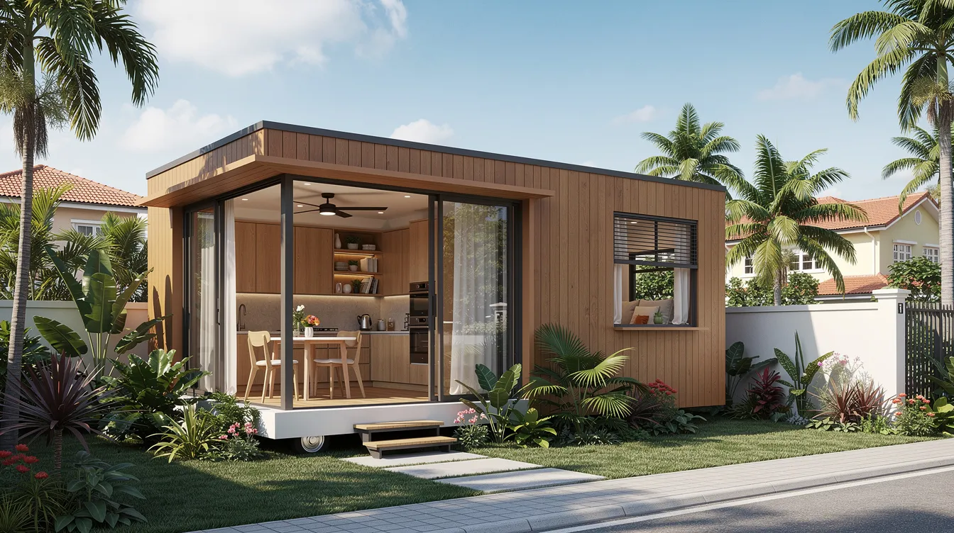 Ab6f88ec3a9b45f9af421b12d6f2b012 The image showcases a custom tiny house designed for small space living in Singapore featuring a compact layout with a queen sized bed a breakfast nook and a fully equipped kitchen all crafted to meet local regulatory requirements Surrounded by greenery this tiny house exemplifies sustainable living and comfort making it an ideal option for city dwellers seeking a retreat close to nature